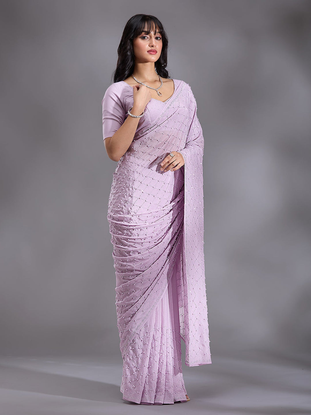Lavender Pearlwork Chiffon Saree-Koskii