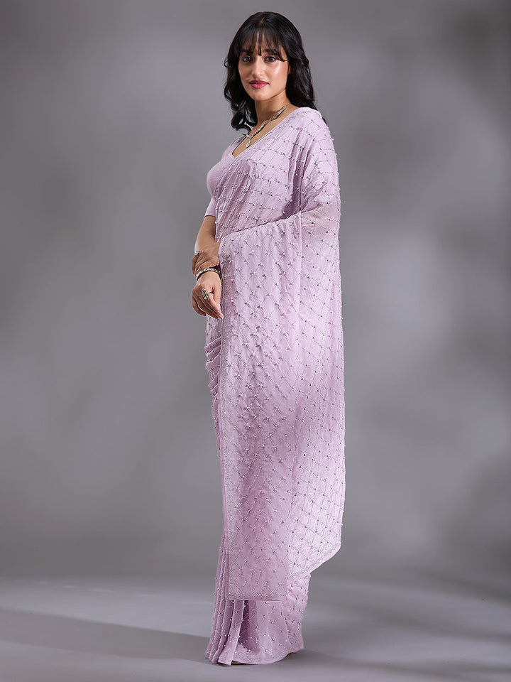 Lavender Pearlwork Chiffon Saree-Koskii