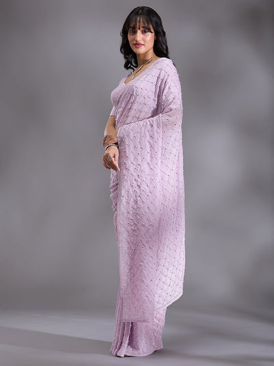 Lavender Pearlwork Chiffon Saree-Koskii