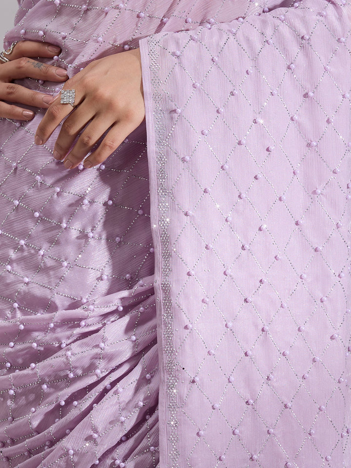 Lavender Pearlwork Chiffon Saree-Koskii