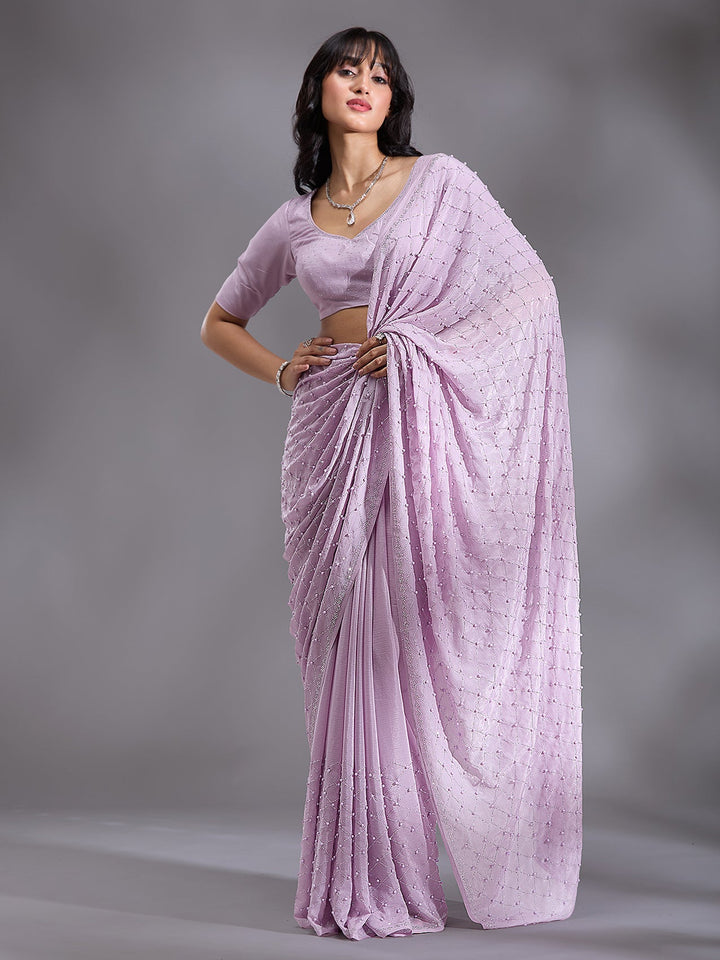 Lavender Pearlwork Chiffon Saree-Koskii
