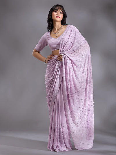 Lavender Pearlwork Chiffon Saree-Koskii