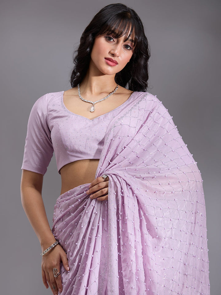 Lavender Pearlwork Chiffon Saree-Koskii