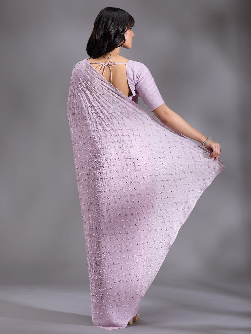 Lavender Pearlwork Chiffon Saree-Koskii