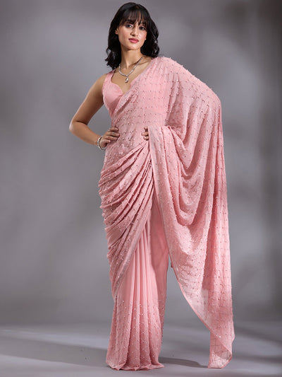 Peach Pearlwork Chiffon Saree-Koskii