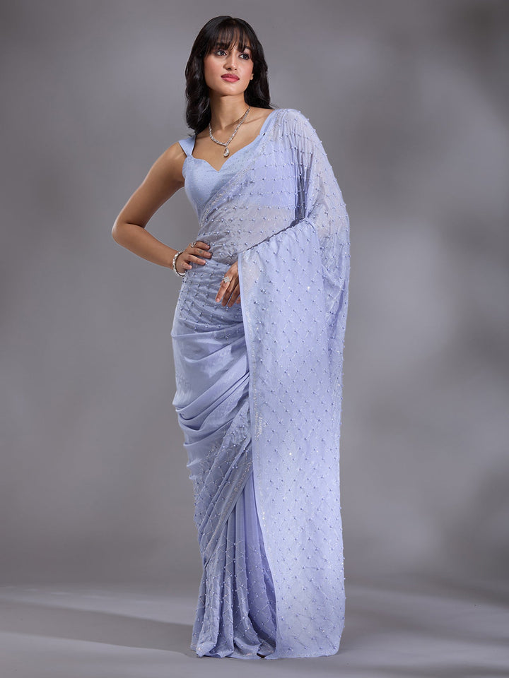 Sky Blue Pearlwork Chiffon Saree-Koskii