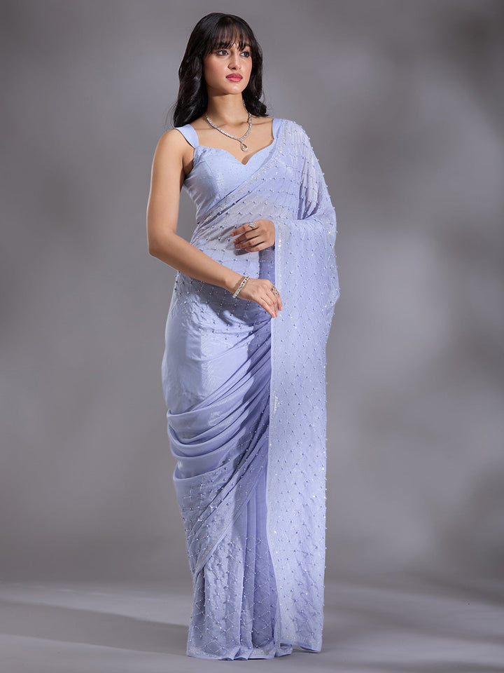 Sky Blue Pearlwork Chiffon Saree-Koskii