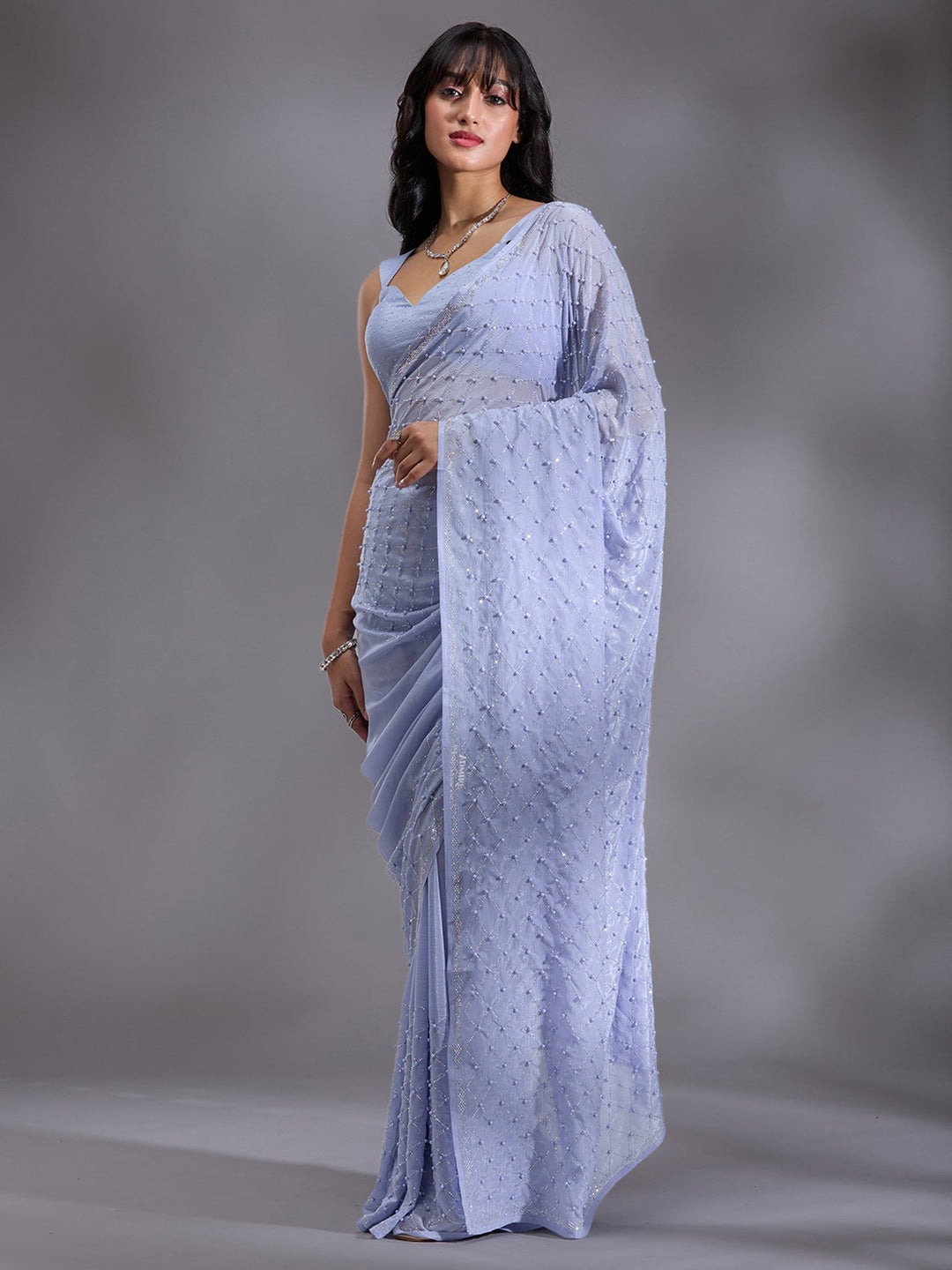 Sky Blue Pearlwork Chiffon Saree-Koskii