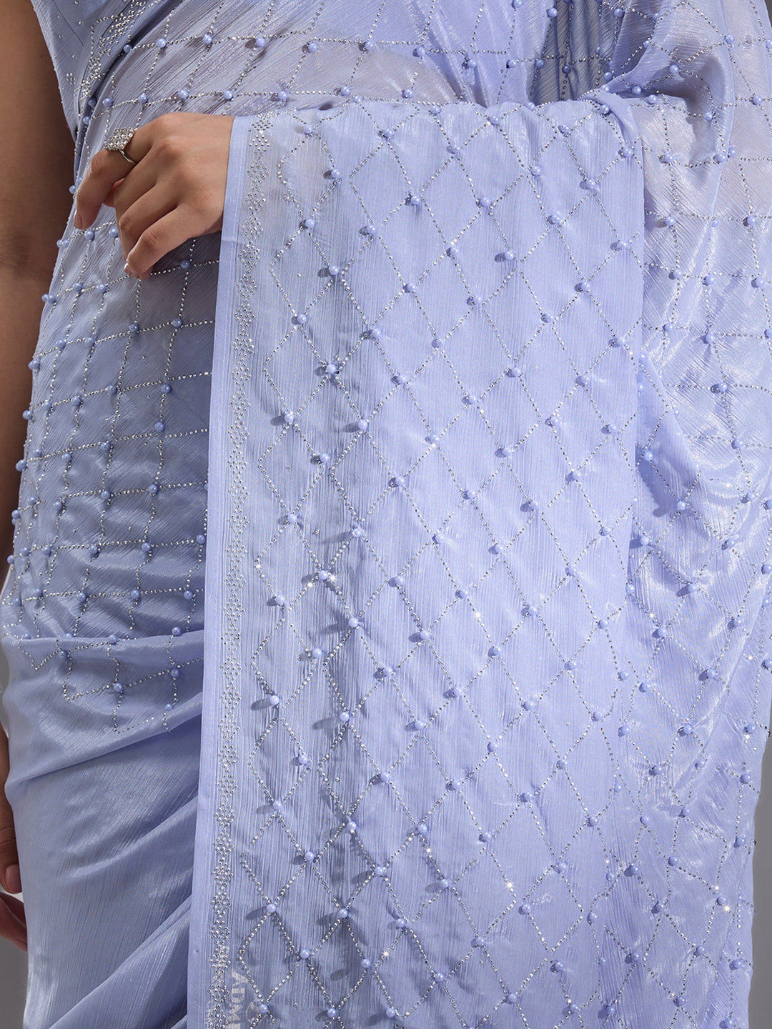 Sky Blue Pearlwork Chiffon Saree-Koskii
