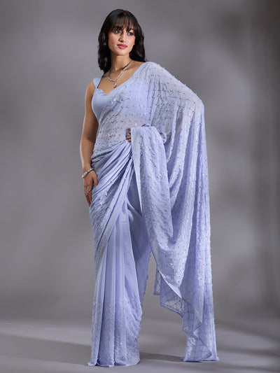 Sky Blue Pearlwork Chiffon Saree-Koskii