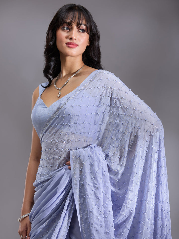 Sky Blue Pearlwork Chiffon Saree-Koskii