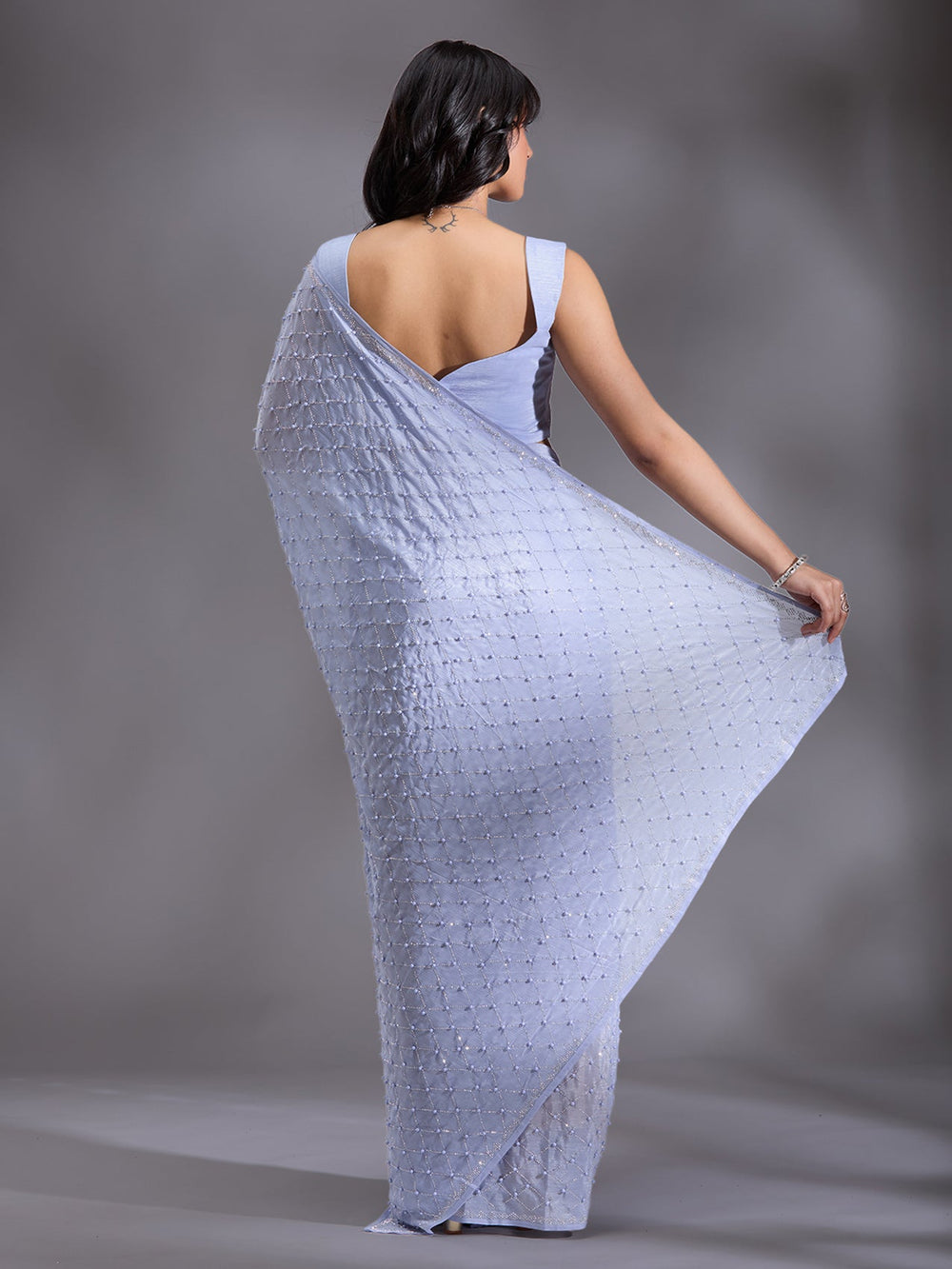 Sky Blue Pearlwork Chiffon Saree-Koskii