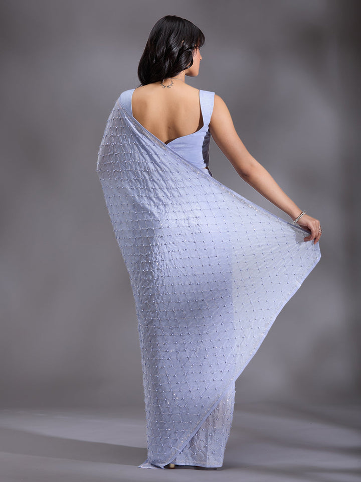 Sky Blue Pearlwork Chiffon Saree-Koskii