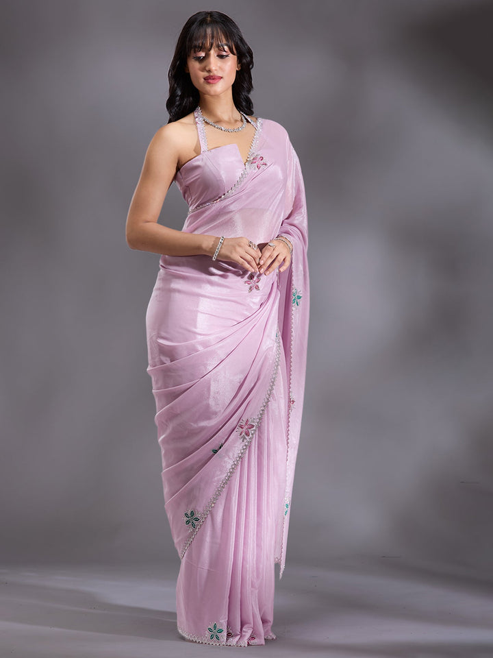 Lavender Stonework (Silver) Satin Saree-Koskii
