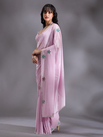 Lavender Stonework (Silver) Satin Saree-Koskii