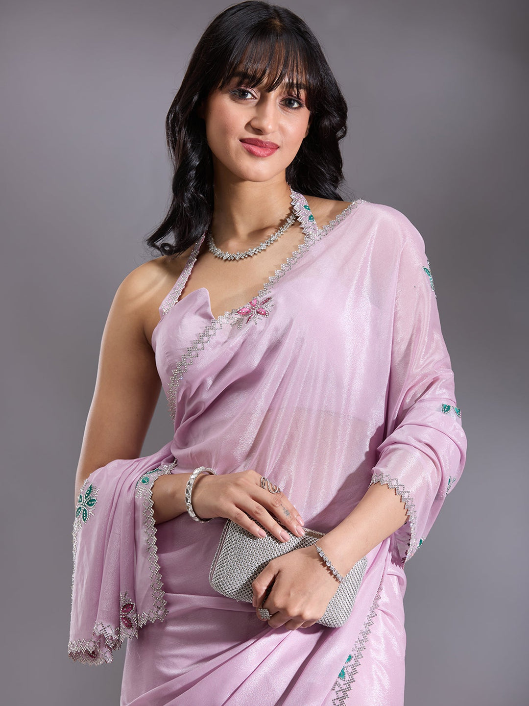 Lavender Stonework (Silver) Satin Saree-Koskii