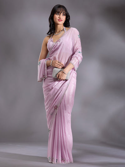 Lavender Stonework (Silver) Satin Saree-Koskii