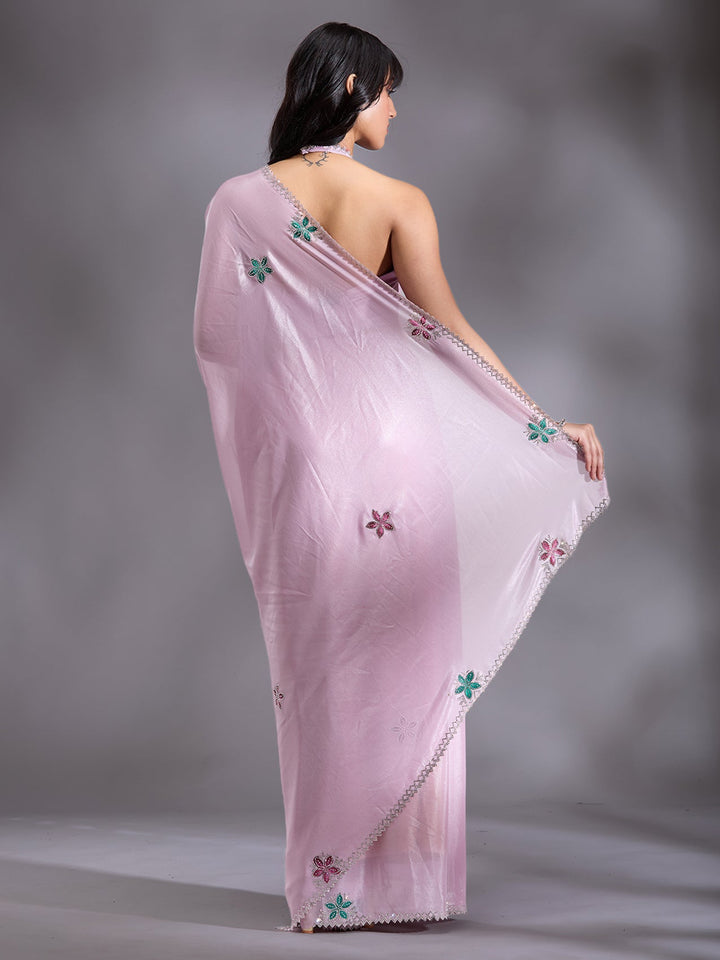 Lavender Stonework (Silver) Satin Saree-Koskii