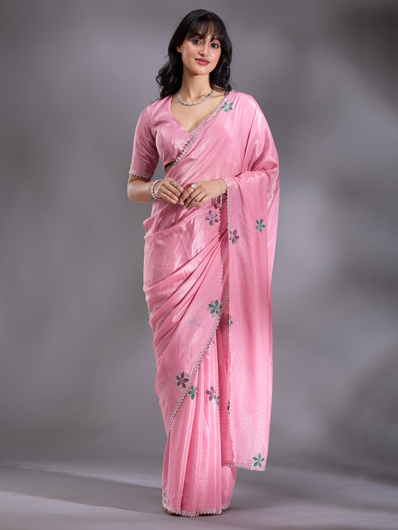 Pink Stonework (Silver) Satin Saree-Koskii