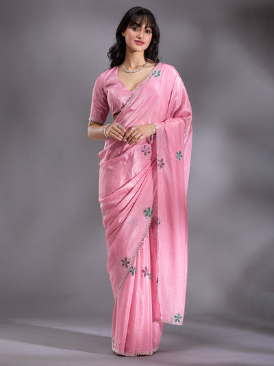 Pink Stonework (Silver) Satin Saree-Koskii