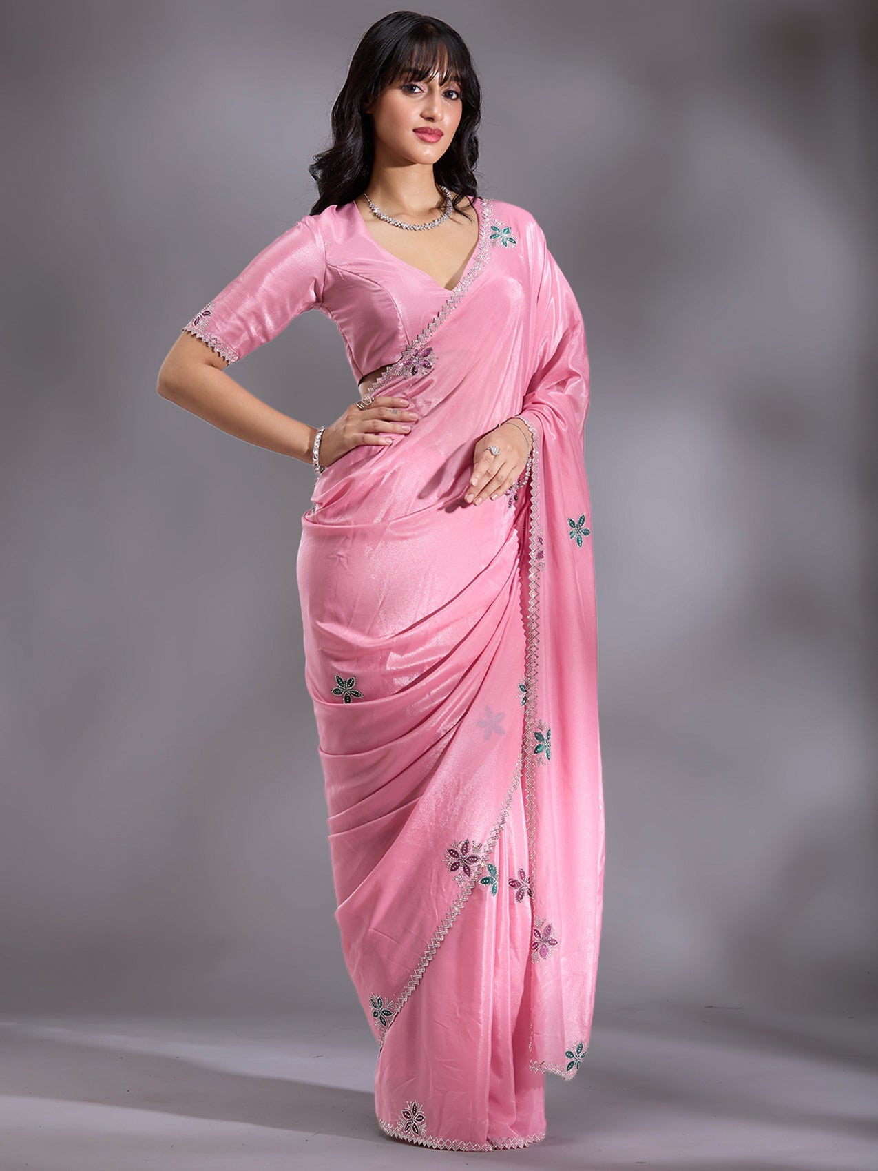 Pink Stonework (Silver) Satin Saree-Koskii