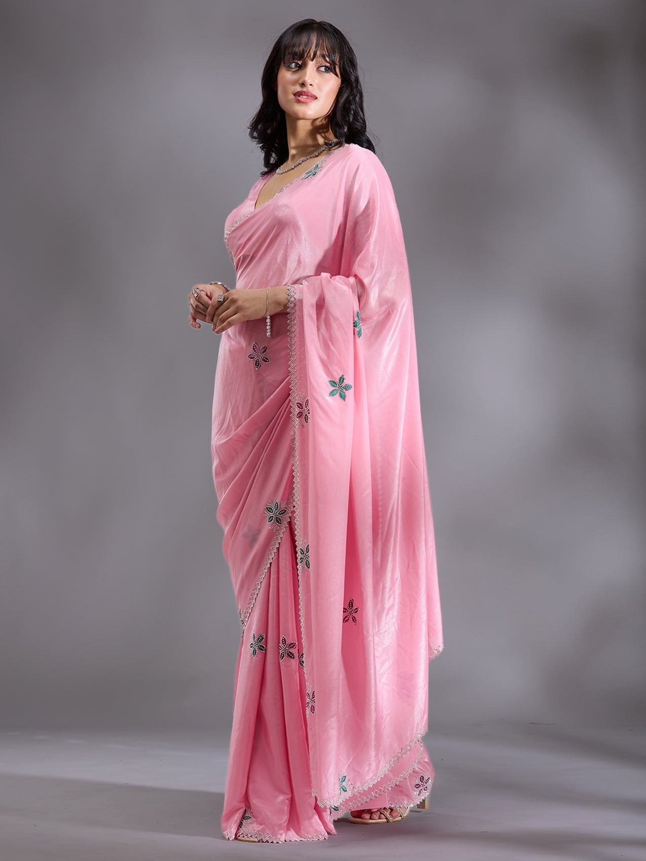 Pink Stonework (Silver) Satin Saree-Koskii