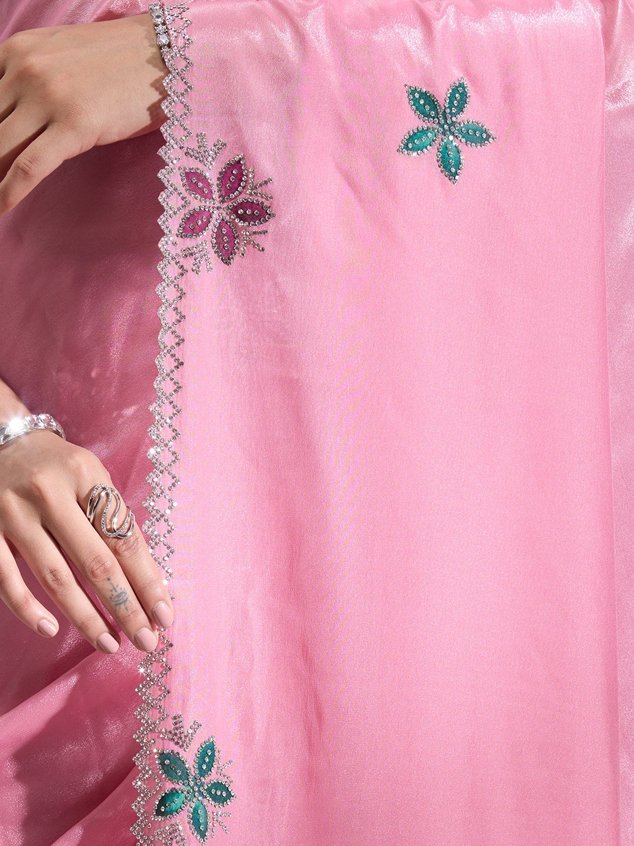 Pink Stonework (Silver) Satin Saree-Koskii