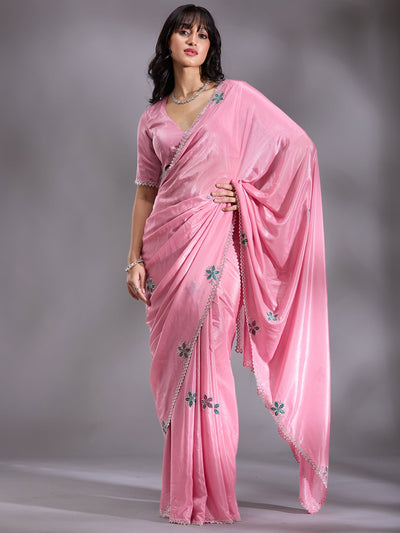 Pink Stonework (Silver) Satin Saree-Koskii
