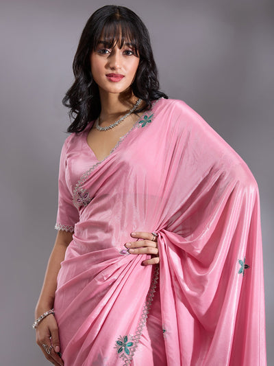 Pink Stonework (Silver) Satin Saree-Koskii