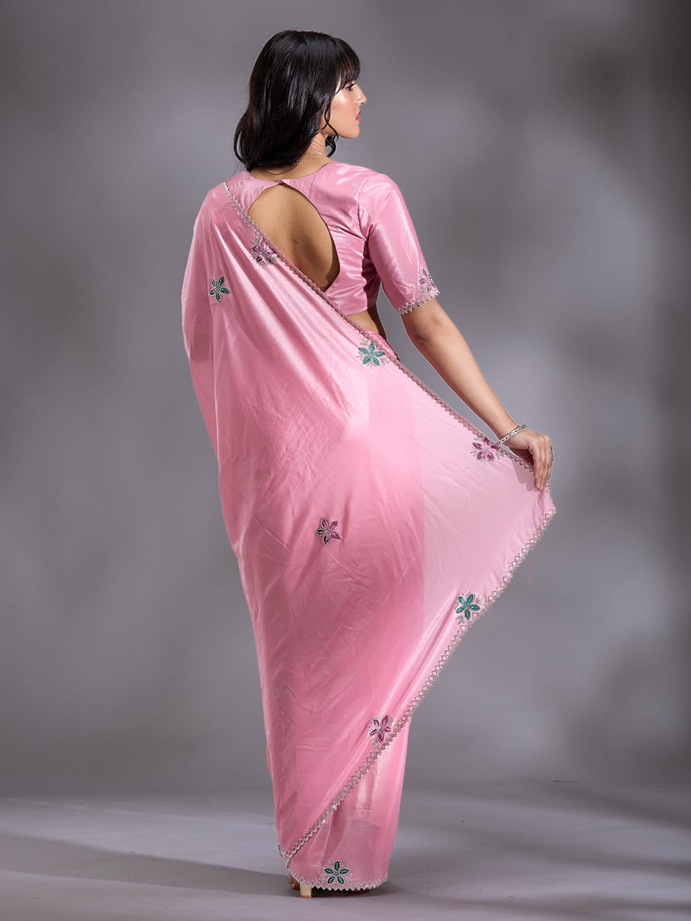 Pink Stonework (Silver) Satin Saree-Koskii