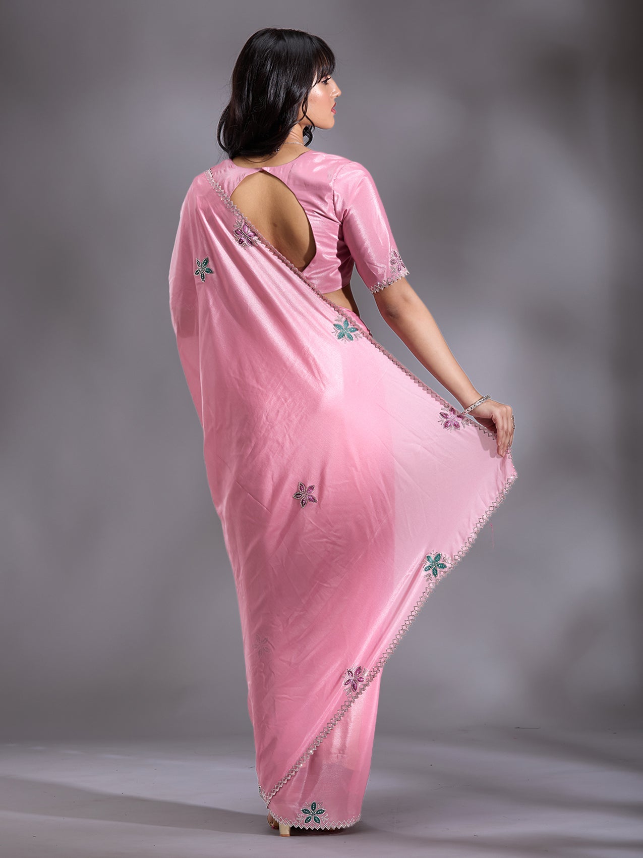 Pink Stonework (Silver) Satin Saree-Koskii