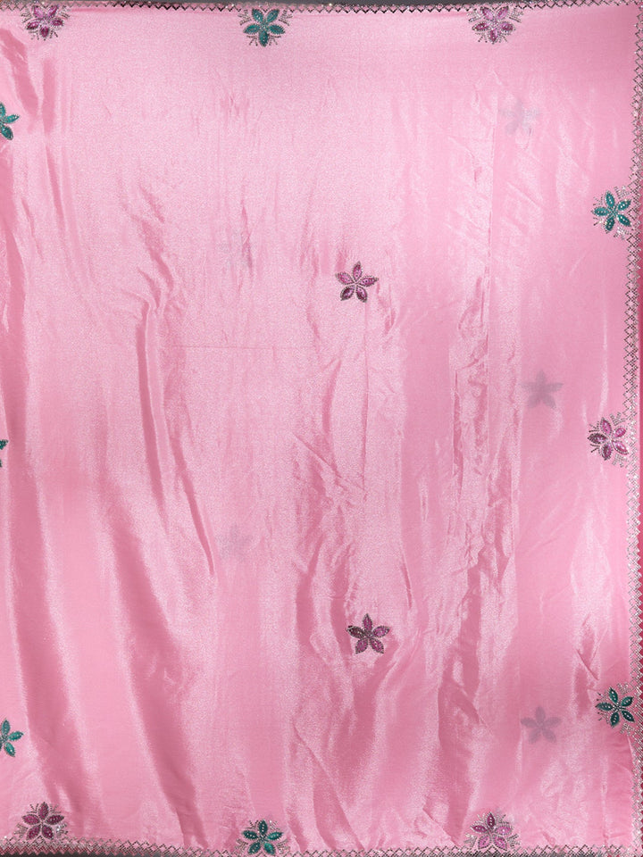 Pink Stonework (Silver) Satin Saree-Koskii