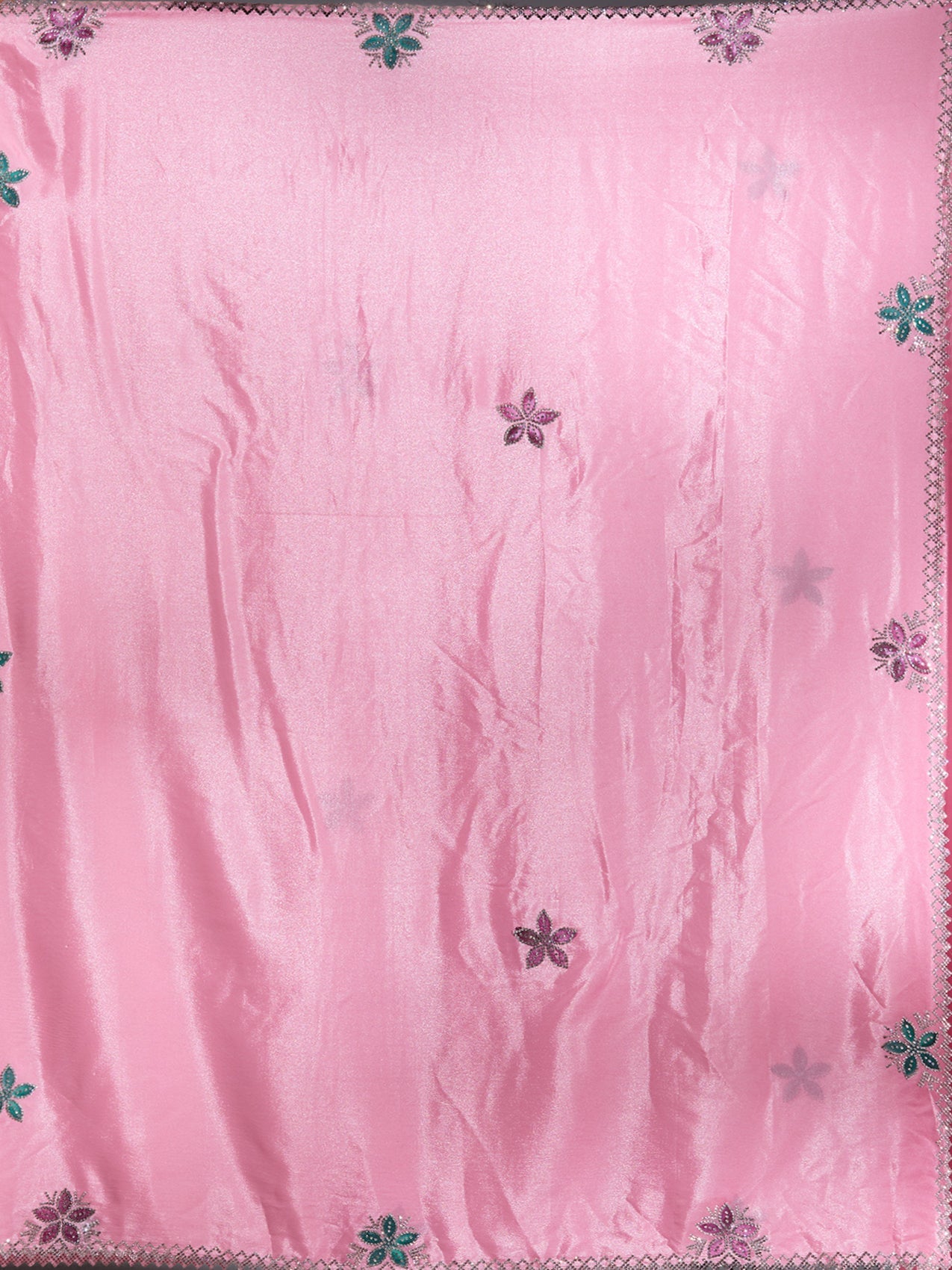 Pink Stonework (Silver) Satin Saree-Koskii