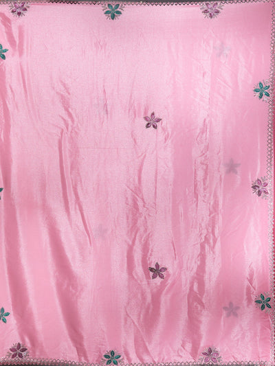 Pink Stonework (Silver) Satin Saree-Koskii