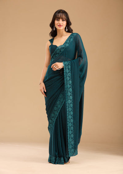 Blue Threadwork Chiffon Saree-Koskii