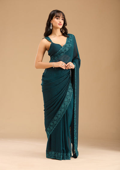Blue Threadwork Chiffon Saree-Koskii