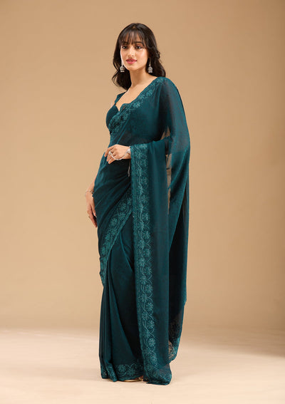 Blue Threadwork Chiffon Saree-Koskii
