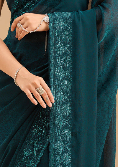 Blue Threadwork Chiffon Saree-Koskii