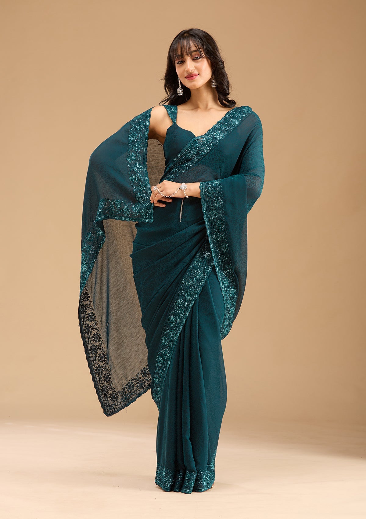 Blue Threadwork Chiffon Saree-Koskii
