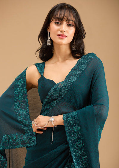 Blue Threadwork Chiffon Saree-Koskii