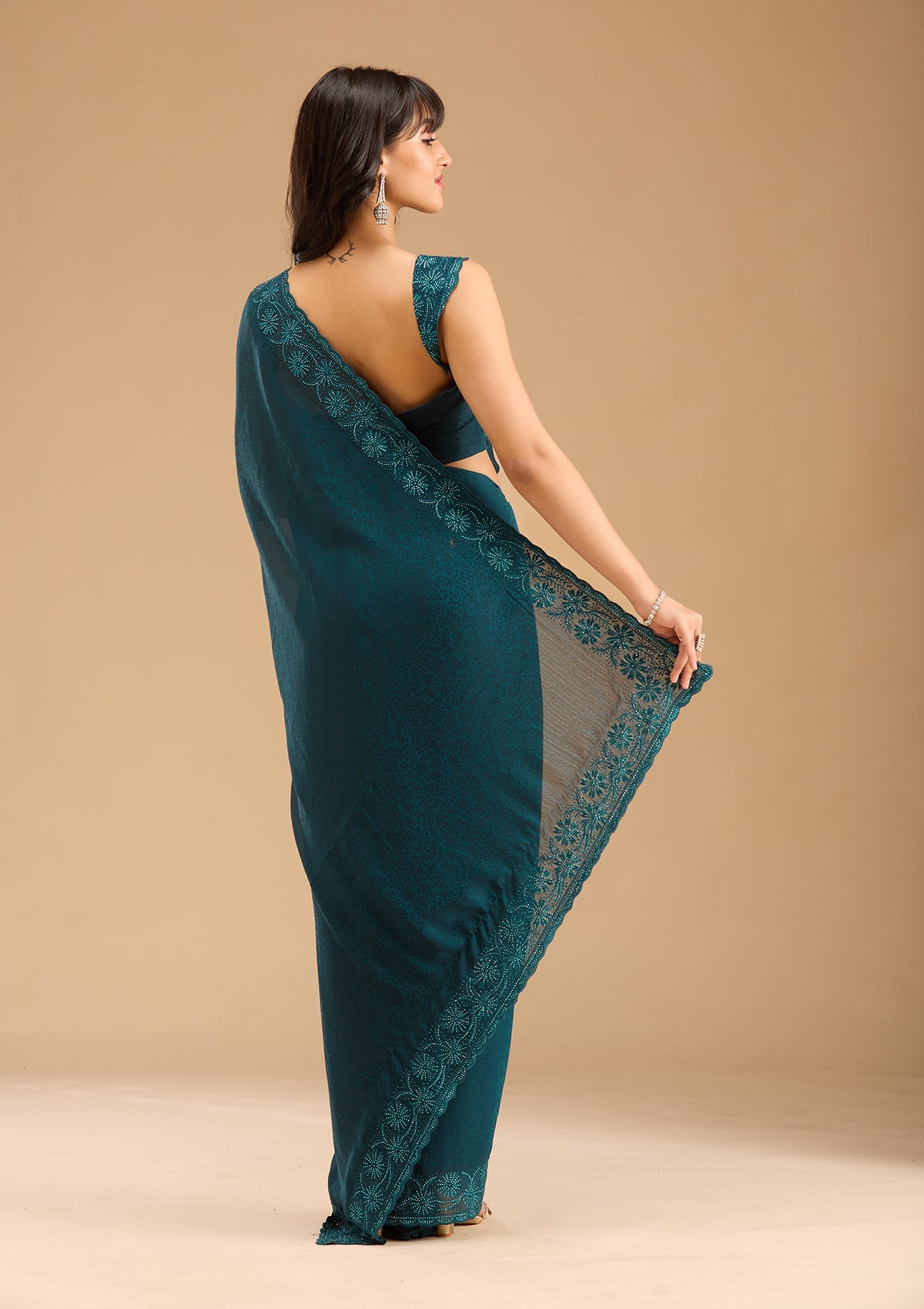 Blue Threadwork Chiffon Saree-Koskii
