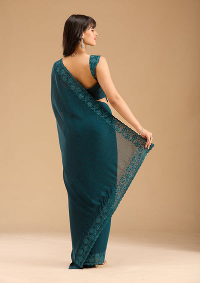 Blue Threadwork Chiffon Saree-Koskii