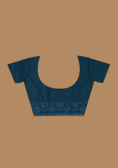 Blue Threadwork Chiffon Saree-Koskii