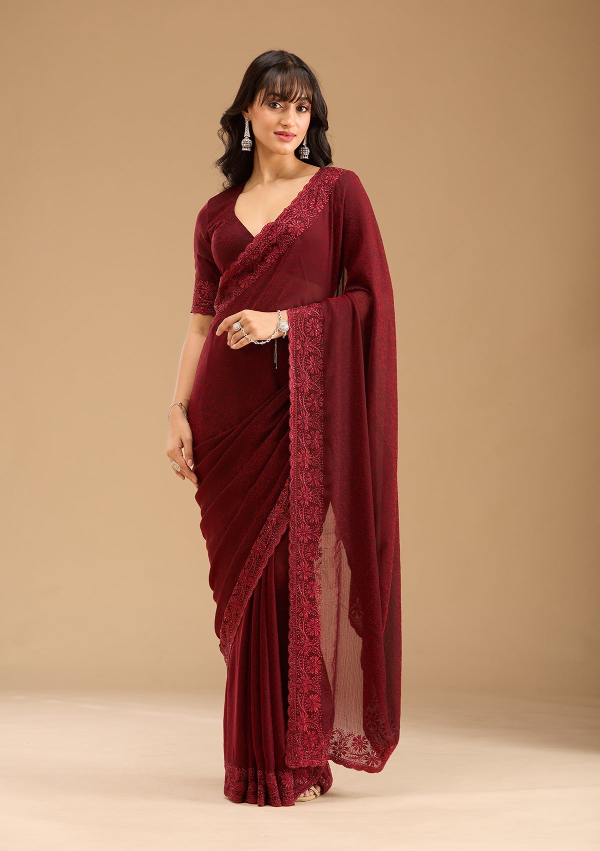 Dark Maroon Threadwork Chiffon Saree-Koskii