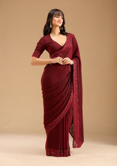 Dark Maroon Threadwork Chiffon Saree-Koskii