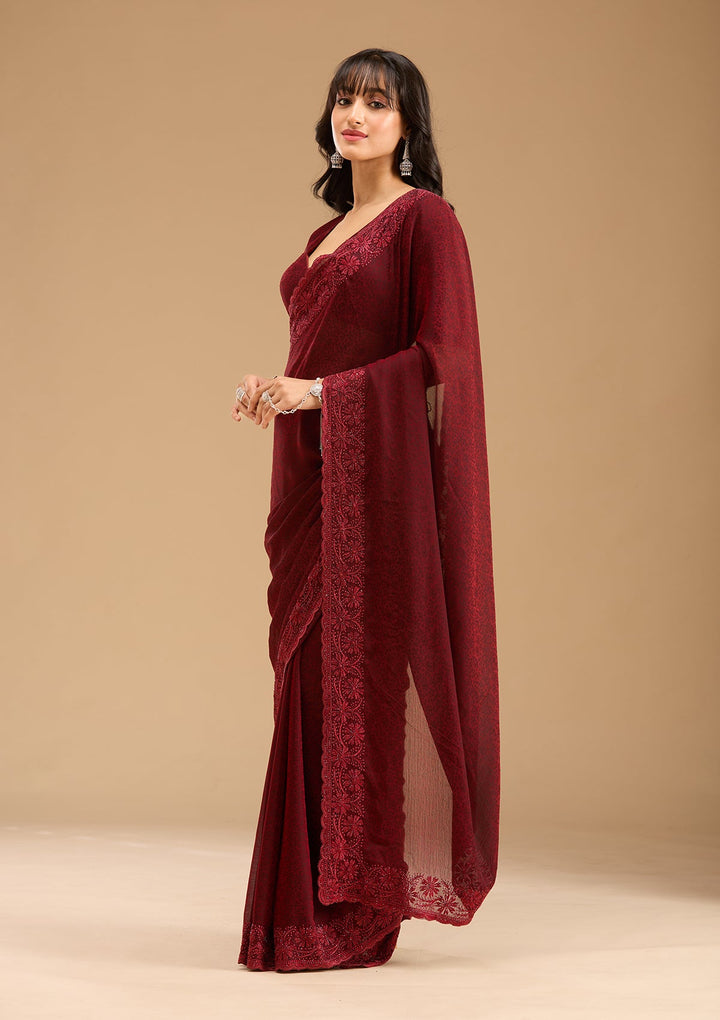 Dark Maroon Threadwork Chiffon Saree-Koskii
