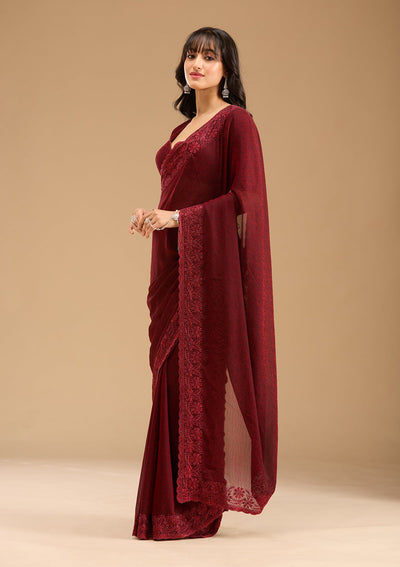 Dark Maroon Threadwork Chiffon Saree-Koskii