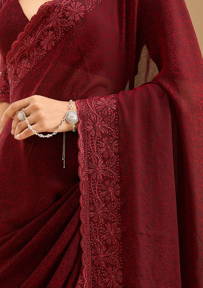 Dark Maroon Threadwork Chiffon Saree-Koskii
