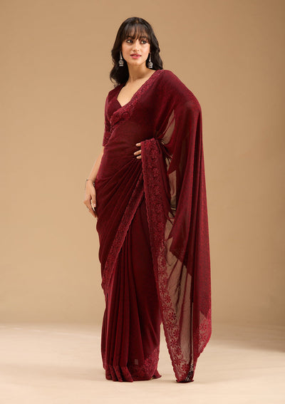 Dark Maroon Threadwork Chiffon Saree-Koskii
