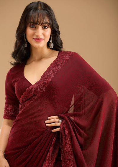 Dark Maroon Threadwork Chiffon Saree-Koskii
